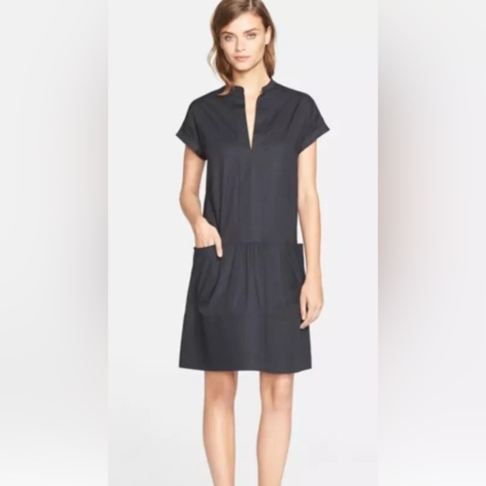 Vince Cotton Black Shift Dress Split Neck Roll Short Sleeve Size XS 1078